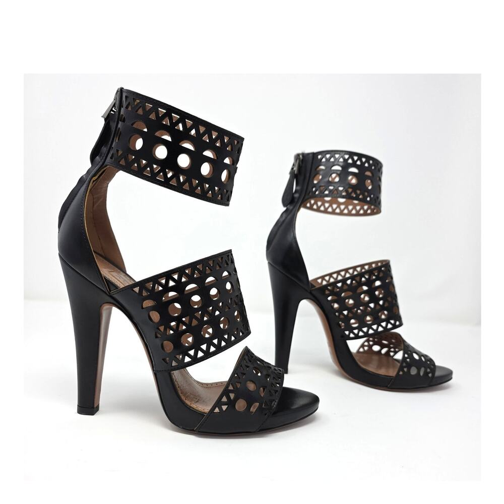 Alaia Black Caged Gladiator Sandal Heels Laser Cut Cutout Leather US 7.5 EU 37.5